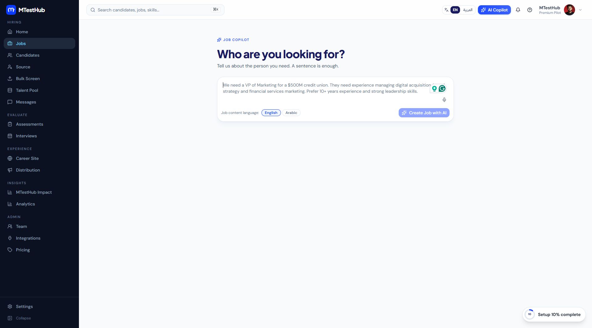 MTestHub AI-assisted job creation workspace