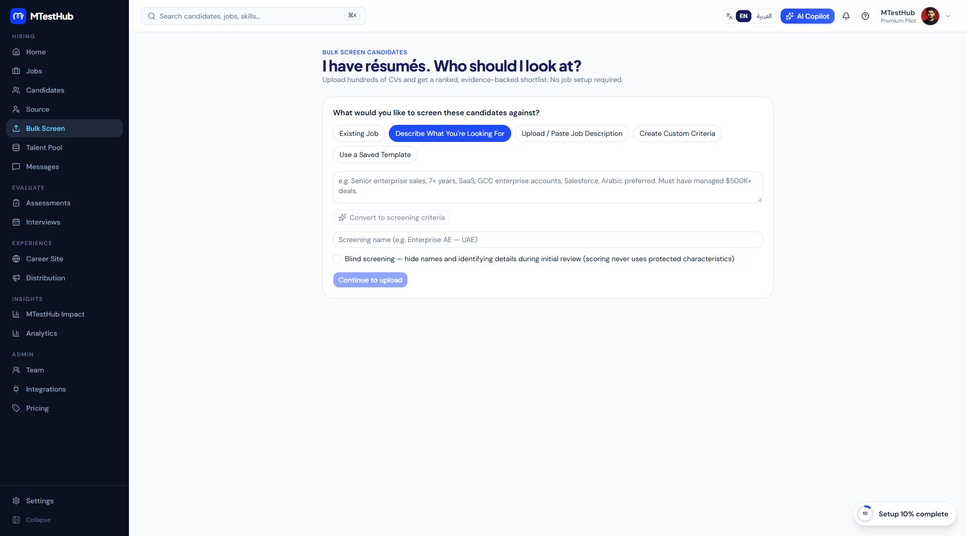 MTestHub AI bulk candidate screening workspace