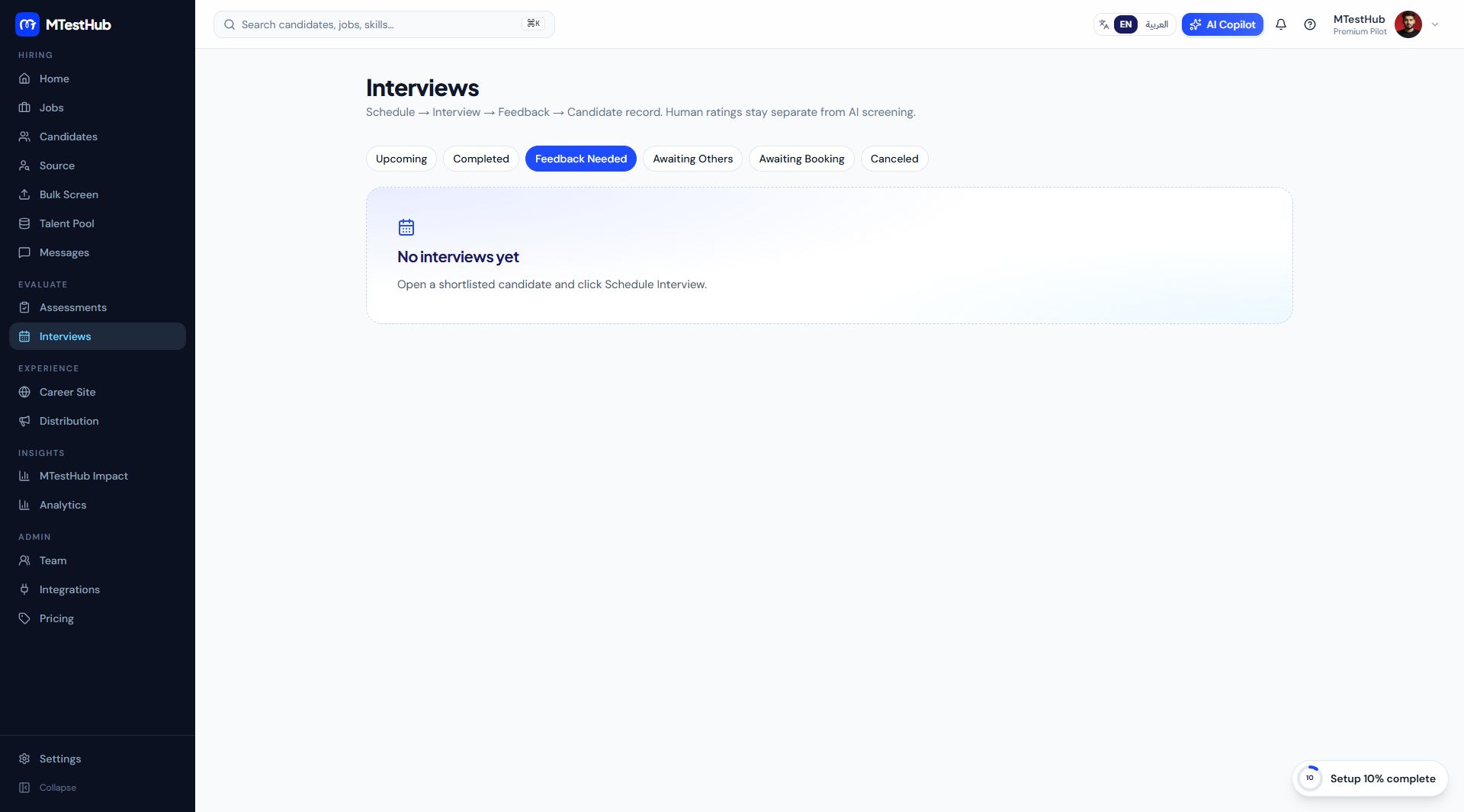 MTestHub interview scheduling and management workspace