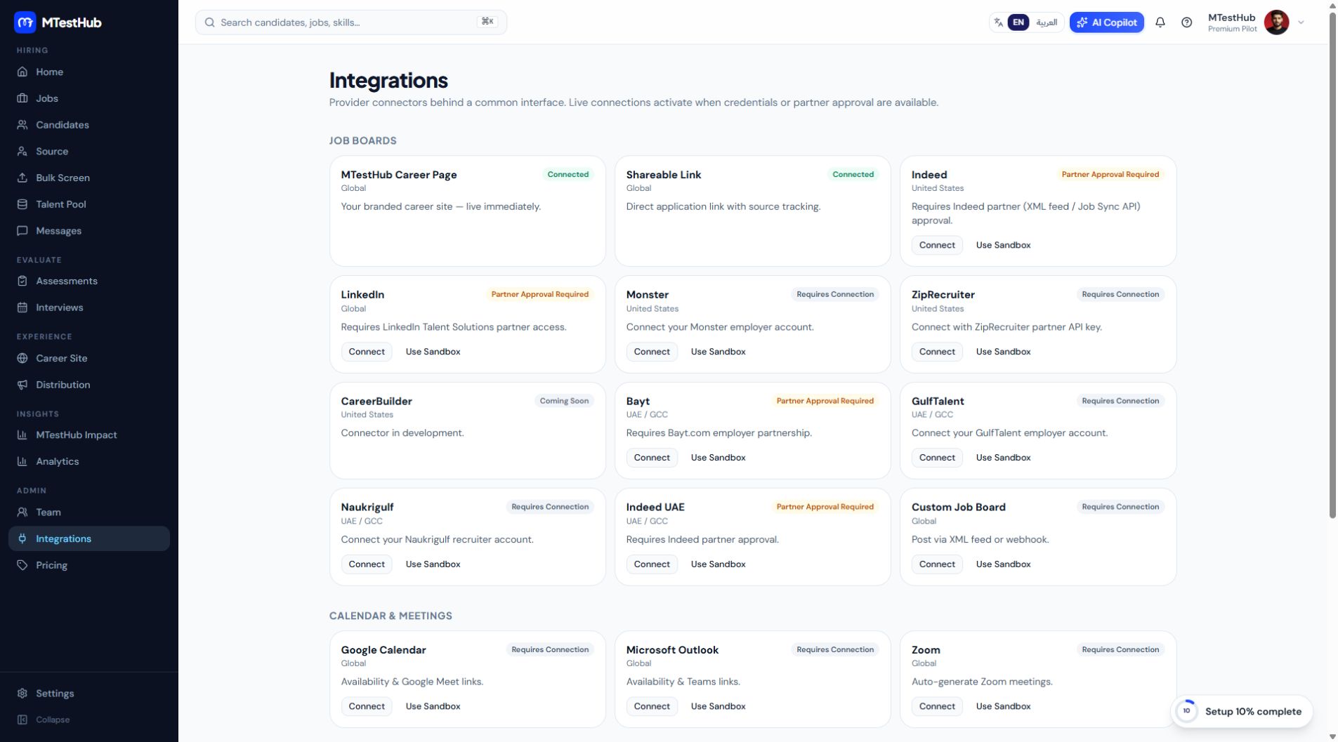 MTestHub job board, calendar, and meeting integrations workspace